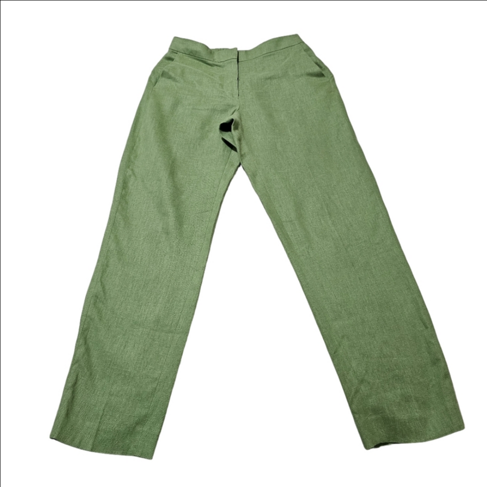 MNG Linen Tailored Pants Flat Front Green Straight Ciggarette Leg Womens Small - Picture 2 of 15